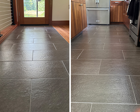 Floor Before and After a Flawless Grout Recoloring in Maple Valley, WA